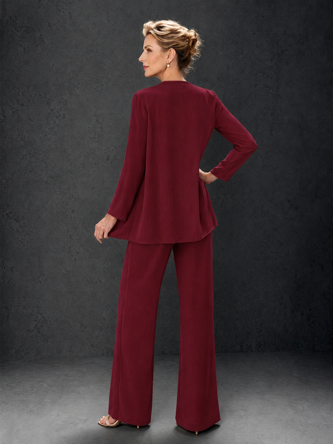 BOLODOO Burgundy 3-Piece Mother of the Bride Pant Suit with Beaded Top & Chiffon Jacket - Burgundy