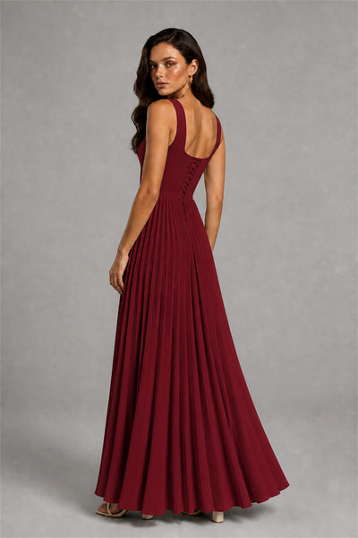 BOLODOO Burgundy Square Neck Wide Strap Lace-Up Back Pleated A-Line Chiffon Maxi Dress - Burgundy