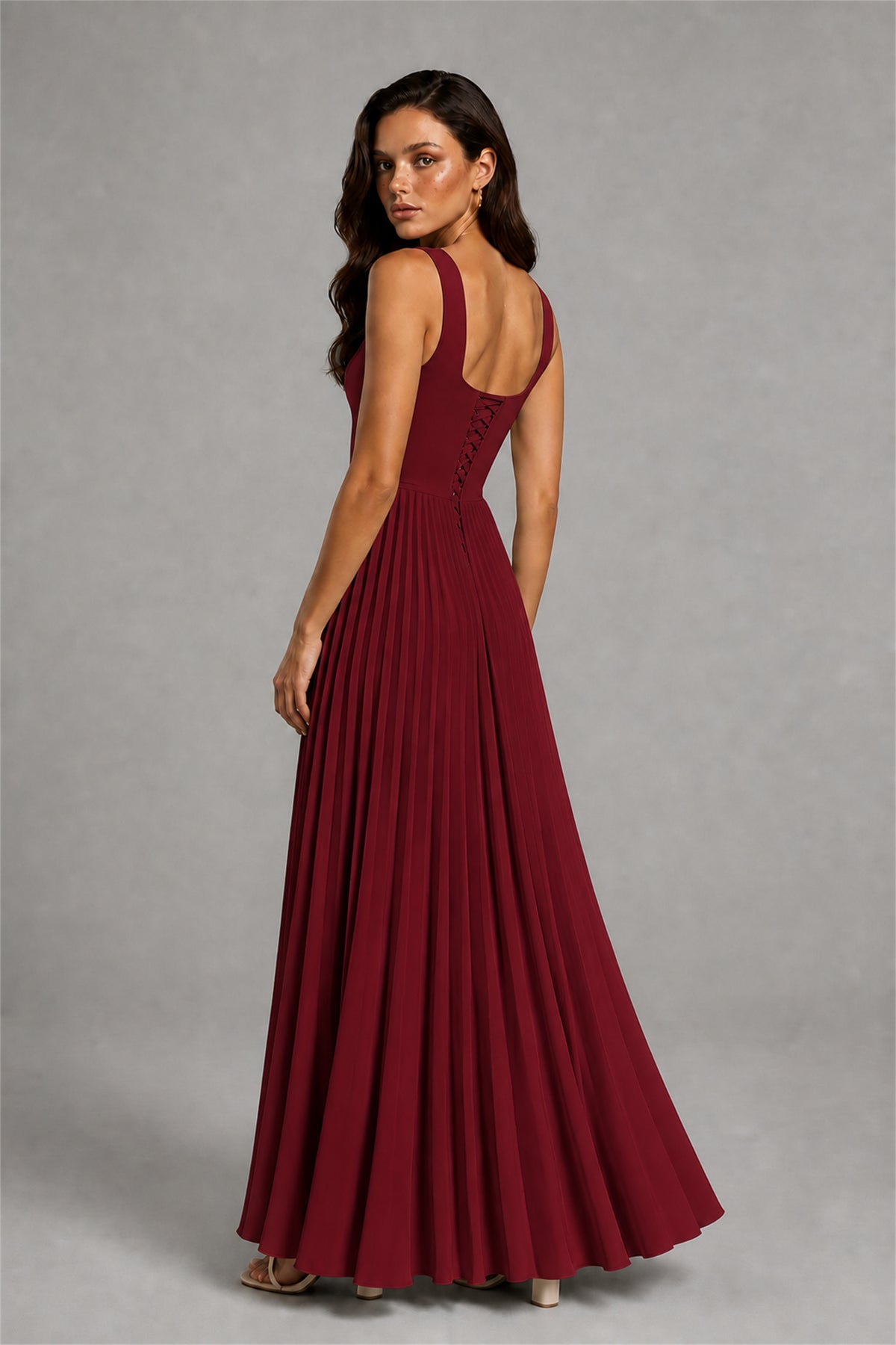 BOLODOO Burgundy Square Neck Wide Strap Lace-Up Back Pleated A-Line Chiffon Maxi Dress - Burgundy