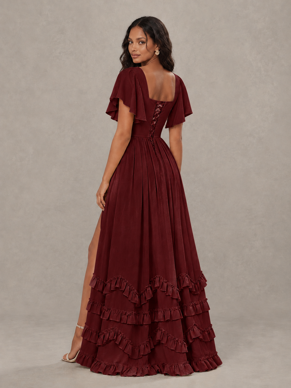 BOLODOO Burgundy V-Neck Flutter Sleeve Ruffle Bridesmaid Dress with Slit - Burgundy - Burgundy (2)