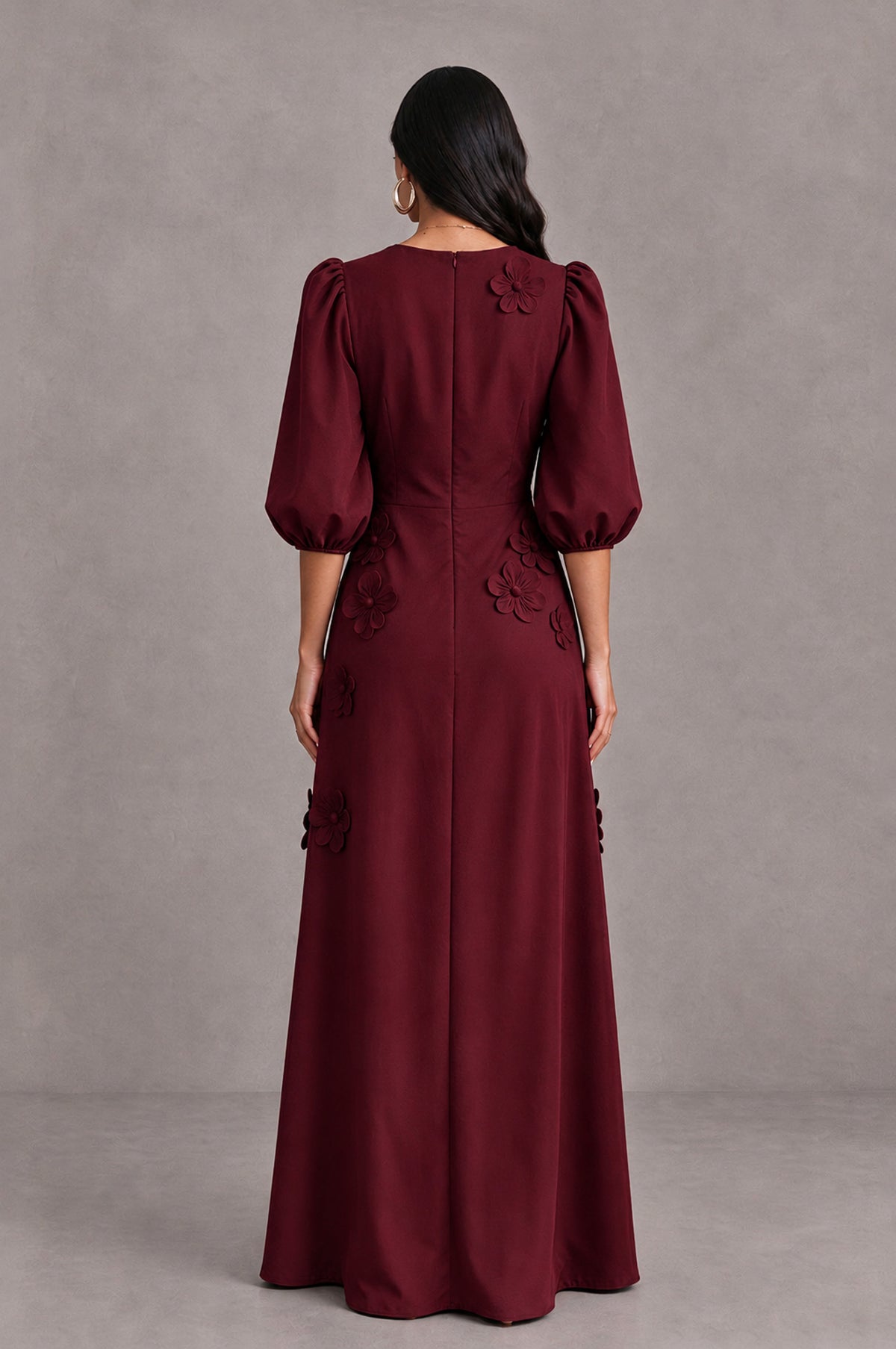 BOLODOO Burgundy Floral Applique Puff Sleeve A-Line Evening Dress - Burgundy - Burgundy (2)