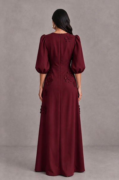 BOLODOO Burgundy Floral Applique Puff Sleeve A-Line Evening Dress - Burgundy - Burgundy (2)