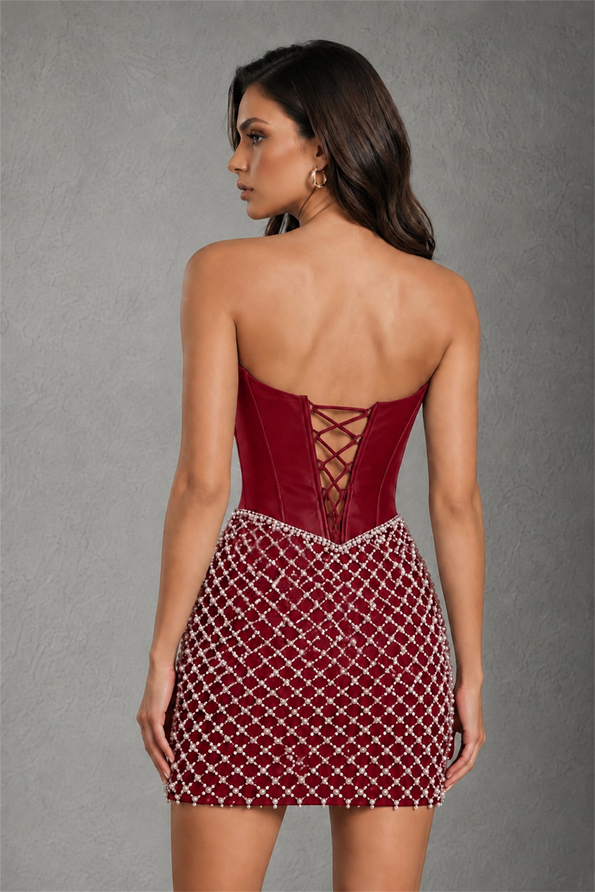 BOLODOO Burgundy Strapless Boned Corset Mini Dress Burgundy Geometric Beaded Skirt Lace-Up Back BD0355 - Burgundy