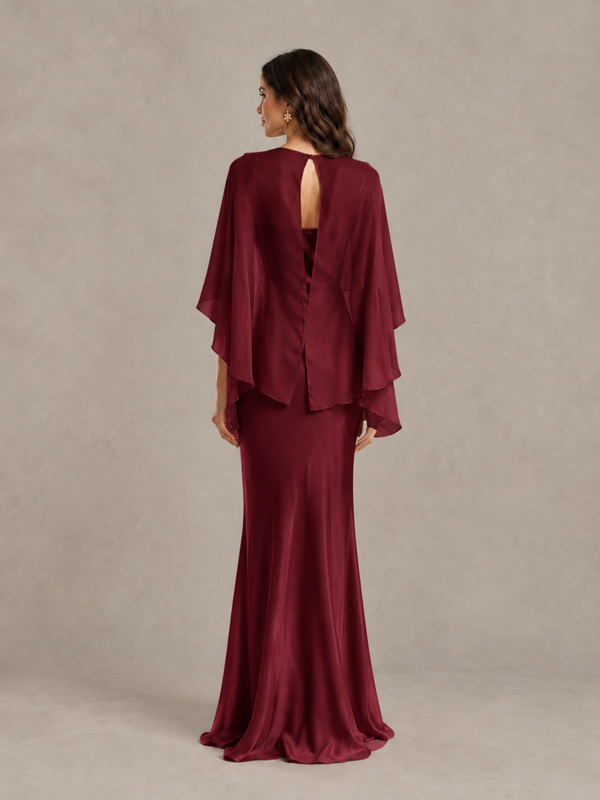 BOLODOO Burgundy Satin Mermaid Bridesmaid Dress with Chiffon Cape - Burgundy - Burgundy (2)