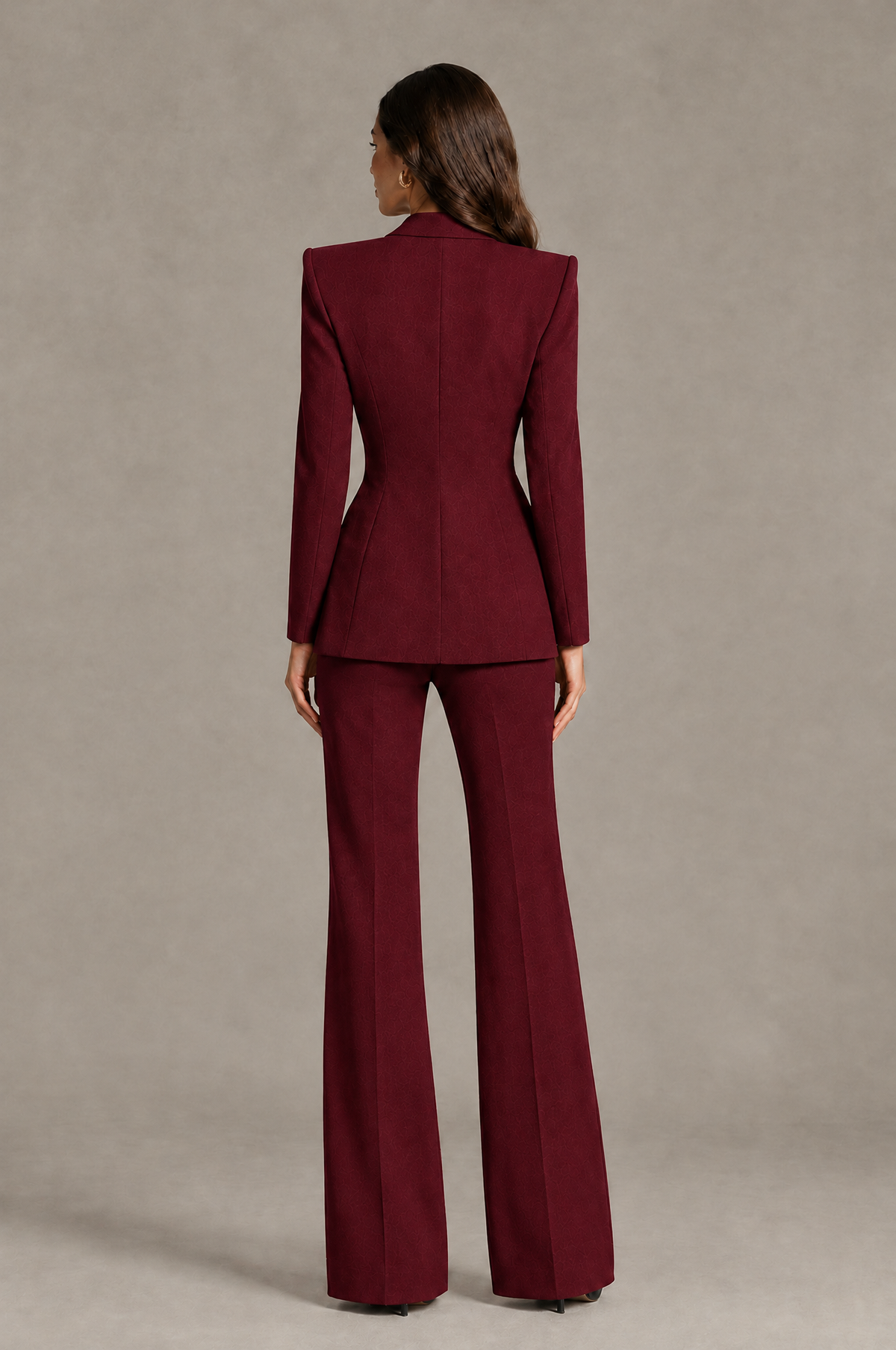 BOLODOO Burgundy Long Sleeve Wrap Blazer Pantsuit with Wide-Leg Trousers - Burgundy - Burgundy (2)