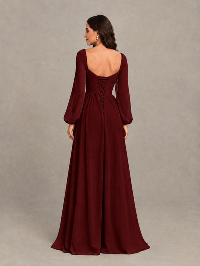 BOLODOO Burgundy Long Sleeve Chiffon Bridesmaid Dress with Slit - Burgundy - Burgundy (2)