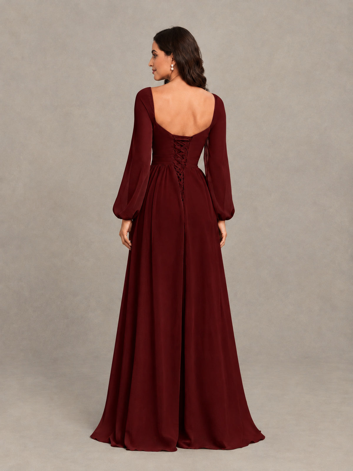 BOLODOO Burgundy Long Sleeve Chiffon Bridesmaid Dress with Slit - Burgundy - Burgundy (2)