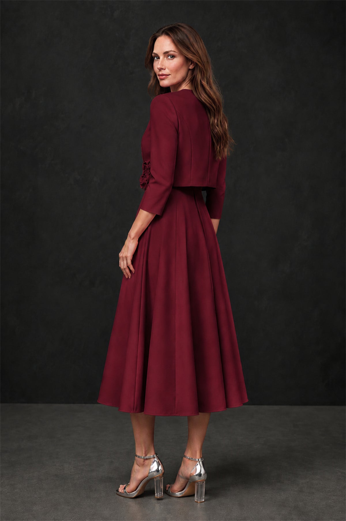 BOLODOO Burgundy 3D Rosette Appliqué 3/4 Sleeve Jacket & V-Notch Sleeveless A-Line Tea-Length Two-Piece Dress Set - Burgundy