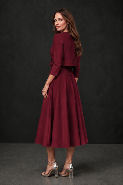 BOLODOO Burgundy 3D Rosette Appliqué 3/4 Sleeve Jacket & V-Notch Sleeveless A-Line Tea-Length Two-Piece Dress Set - Burgundy
