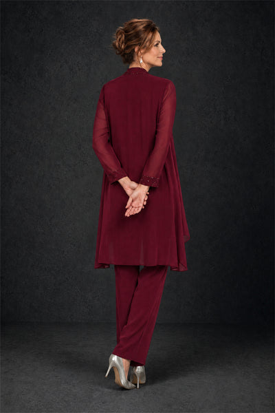 BOLODOO Burgundy 3-Piece Beaded Chiffon Duster Jacket Pant Suit - Burgundy