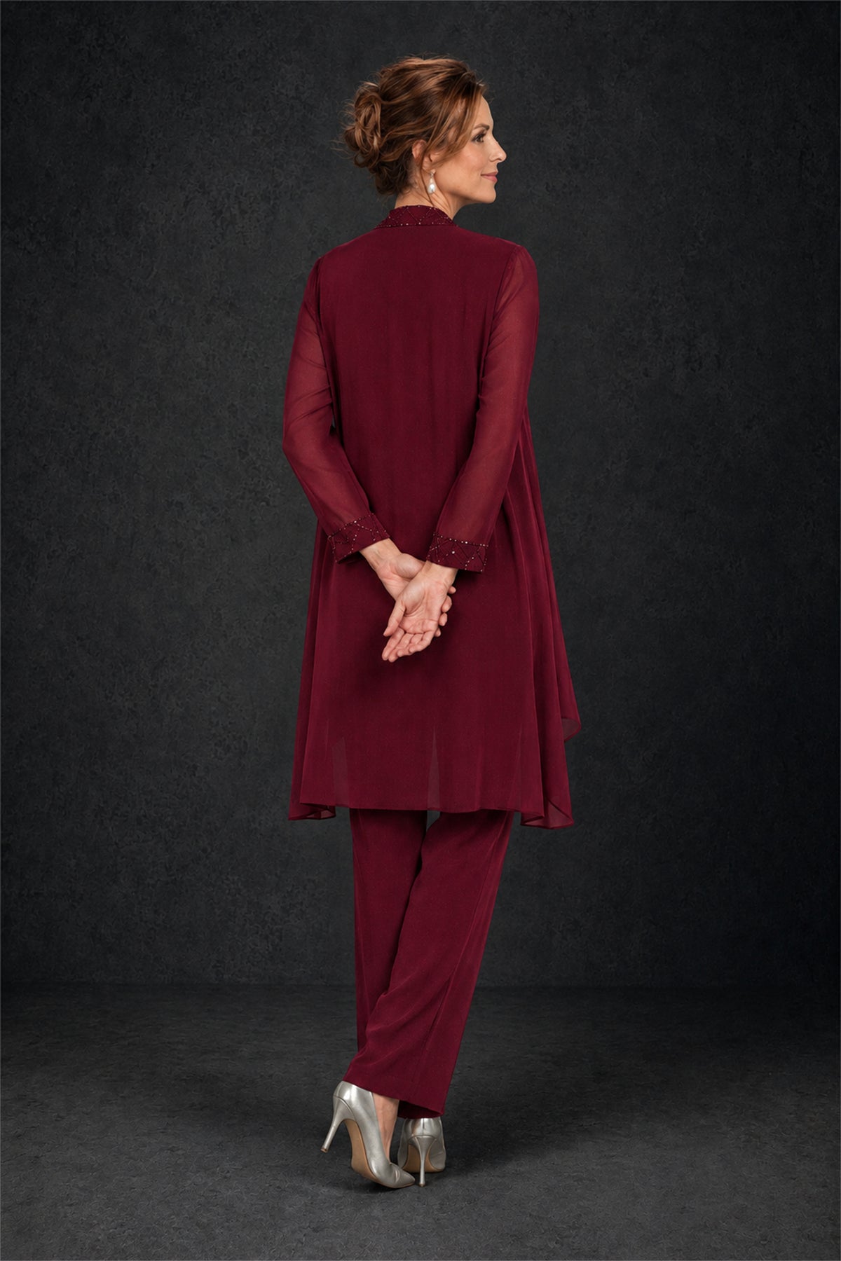 BOLODOO Burgundy 3-Piece Beaded Chiffon Duster Jacket Pant Suit - Burgundy