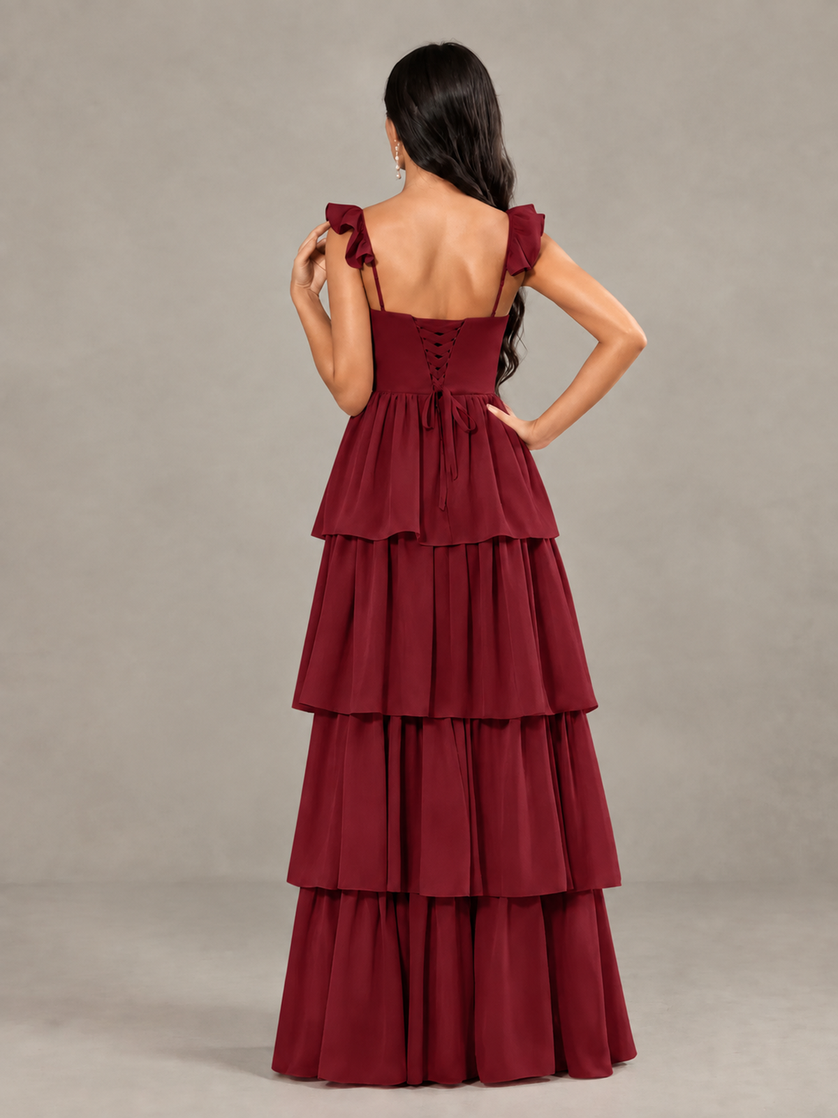 BOLODOO Burgundy Tiered Maxi Bridesmaid Dress with Slit - Burgundy