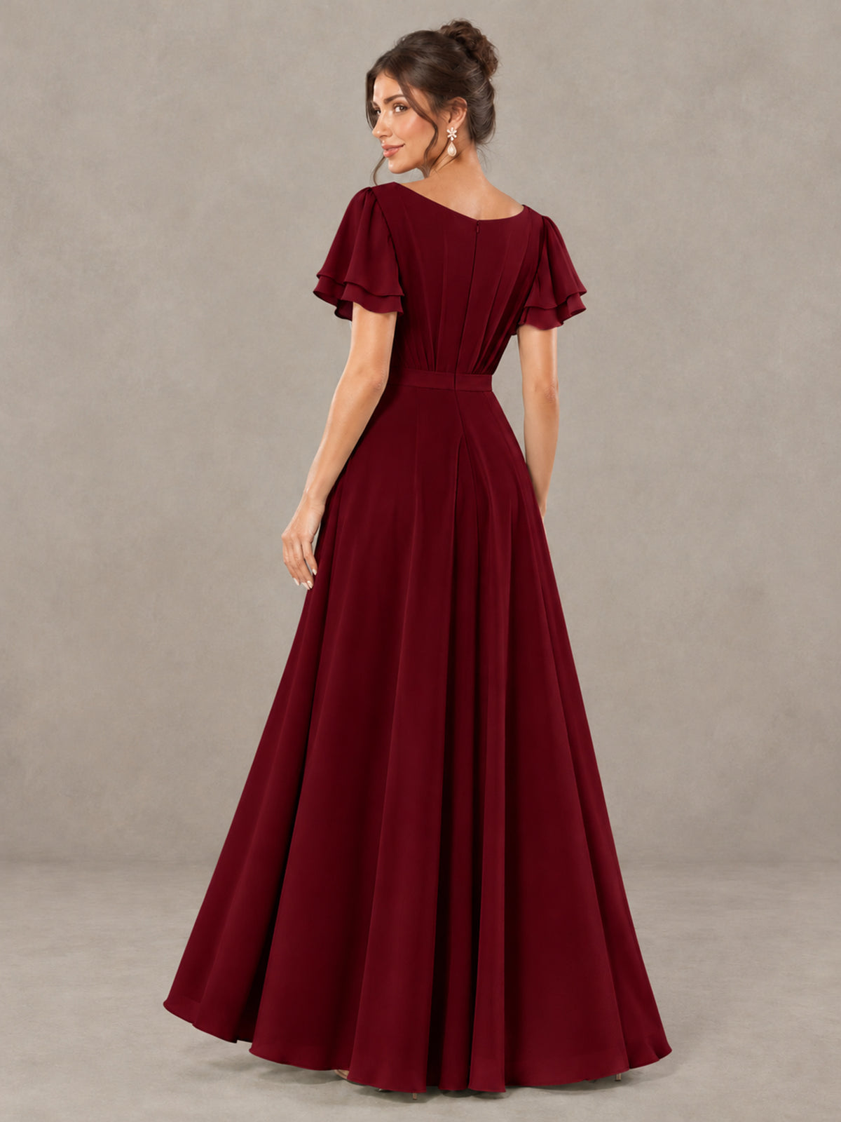 BOLODOO Burgundy Flutter Sleeve Ruffle Bridesmaid Dress with Slit - Burgundy - Burgundy (2)
