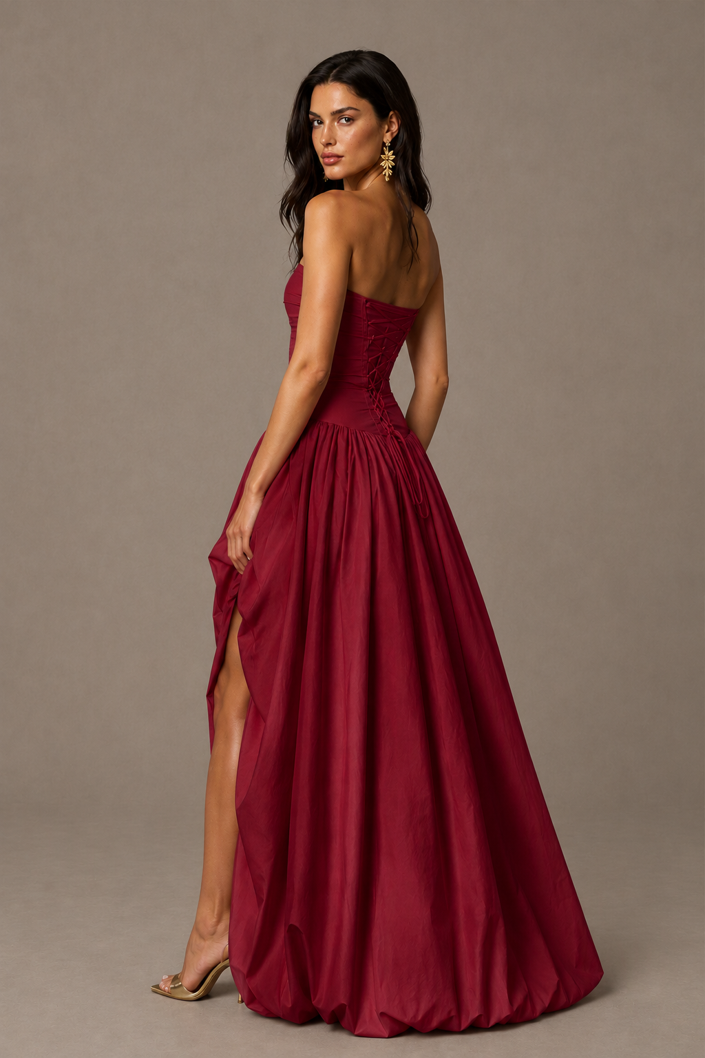 BOLODOO Burgundy Strapless Ruched Corset Lace-Up Back Bubble Skirt High Slit Taffeta Maxi Dress - Burgundy