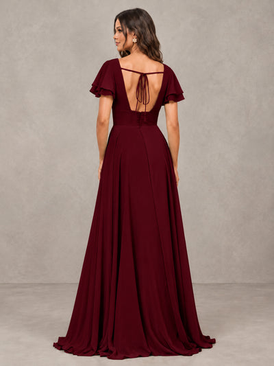 BOLODOO Burgundy Flutter Sleeve Chiffon A-Line Maxi Bridesmaid Dress with Open Back & Slit - Burgundy - Burgundy (2)