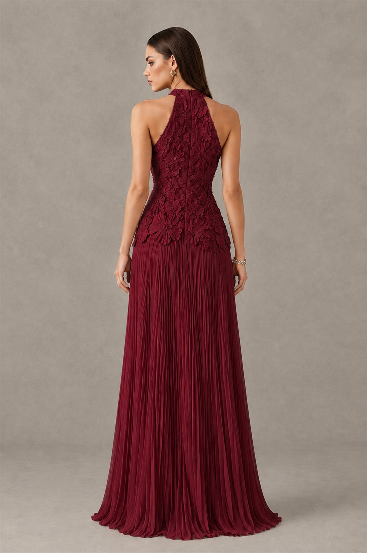 BOLODOO Burgundy 3D Floral Applique Halter Neck Open Back Pleated Maxi Dress - Burgundy