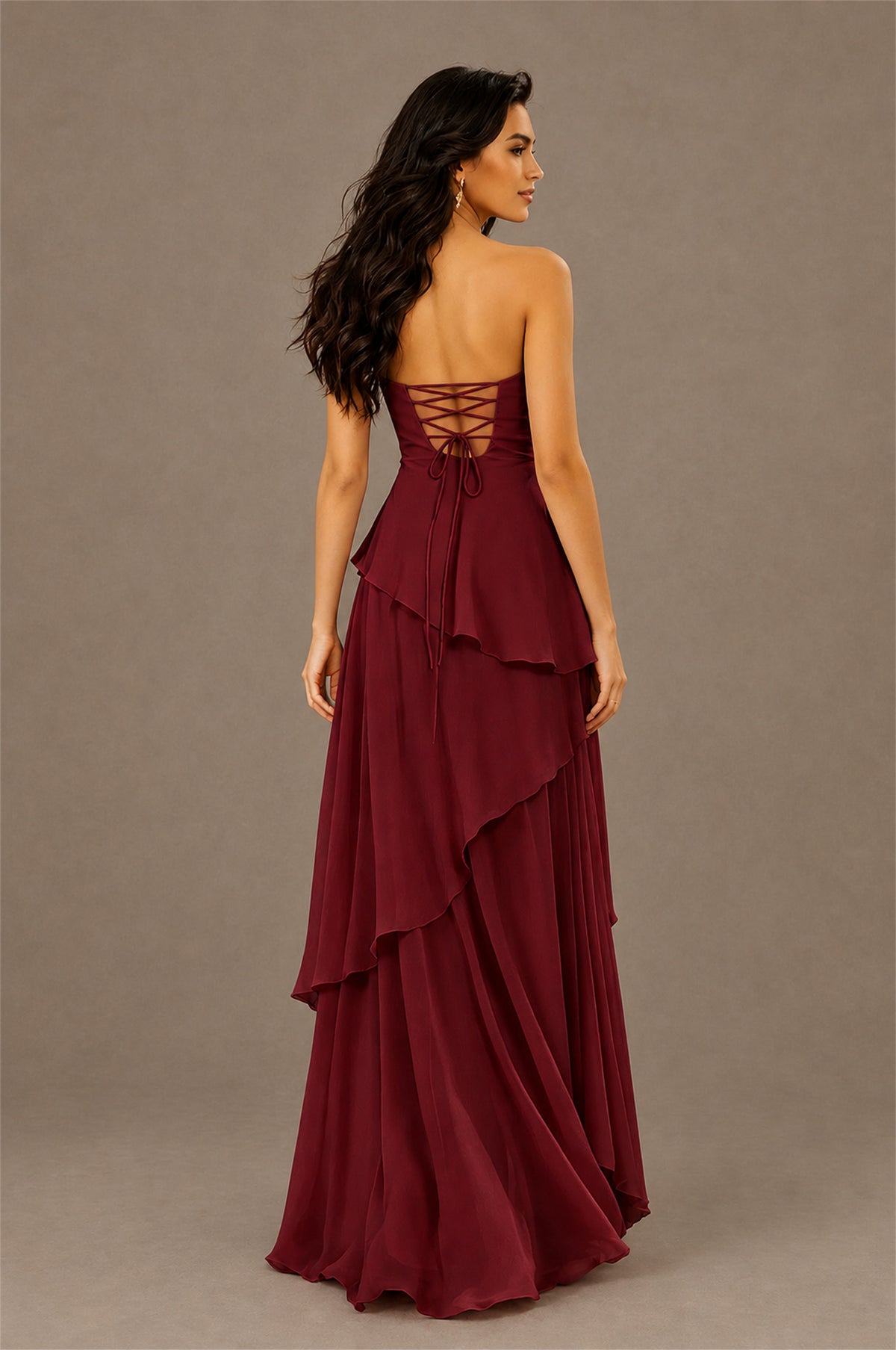 BOLODOO Burgundy Strapless Sweetheart Knotted Chiffon Tiered Maxi Dress with Lace-Up Back - Burgundy