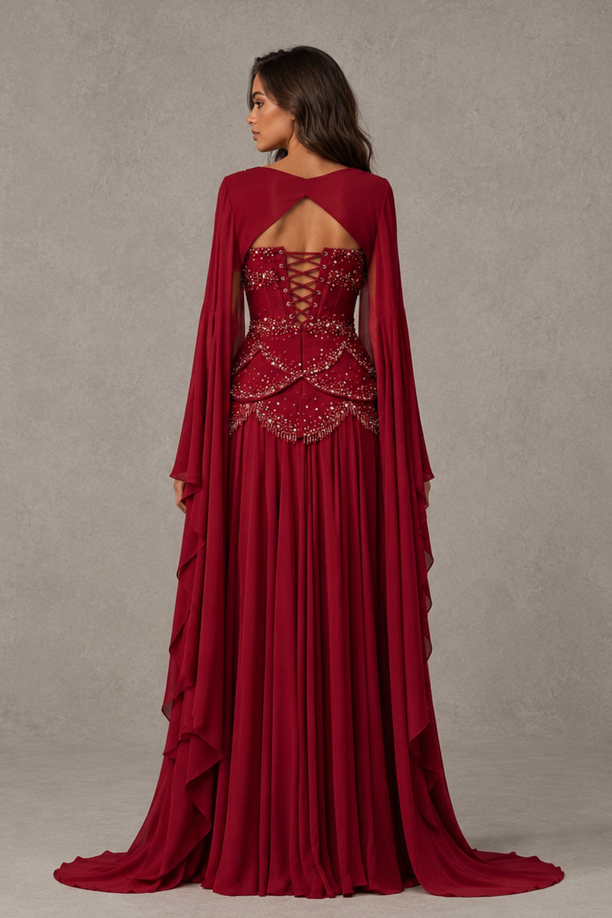 BOLODOO Burgundy Embellished Corset Gown with Long Bell Sleeves - Burgundy