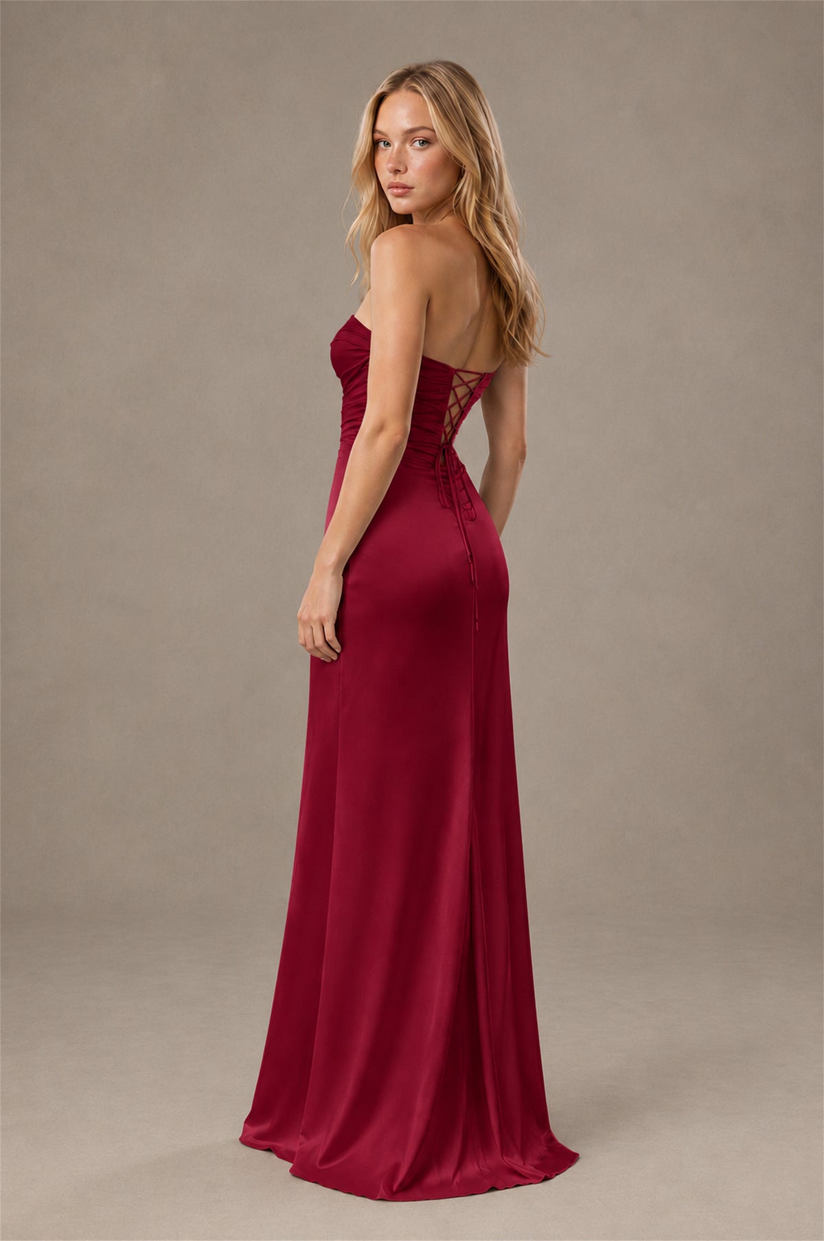 BOLODOO Burgundy Sweetheart Strapless Twist Knot Cutout Lace-Up Back Satin Mermaid Maxi Dress - Burgundy - Burgundy (2)