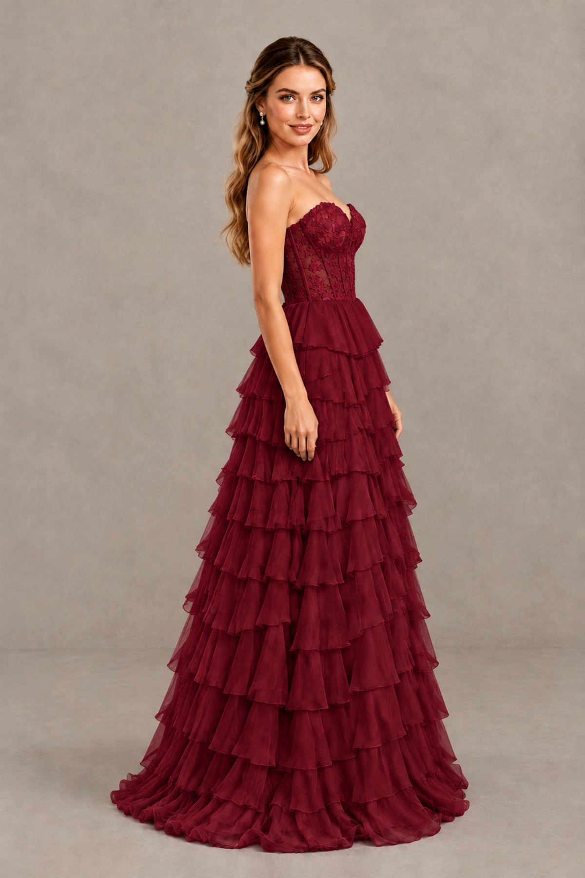 BOLODOO Burgundy Strapless Lace Corset Tiered Ruffle Prom Dress with Slit - Burgundy - Burgundy (2)