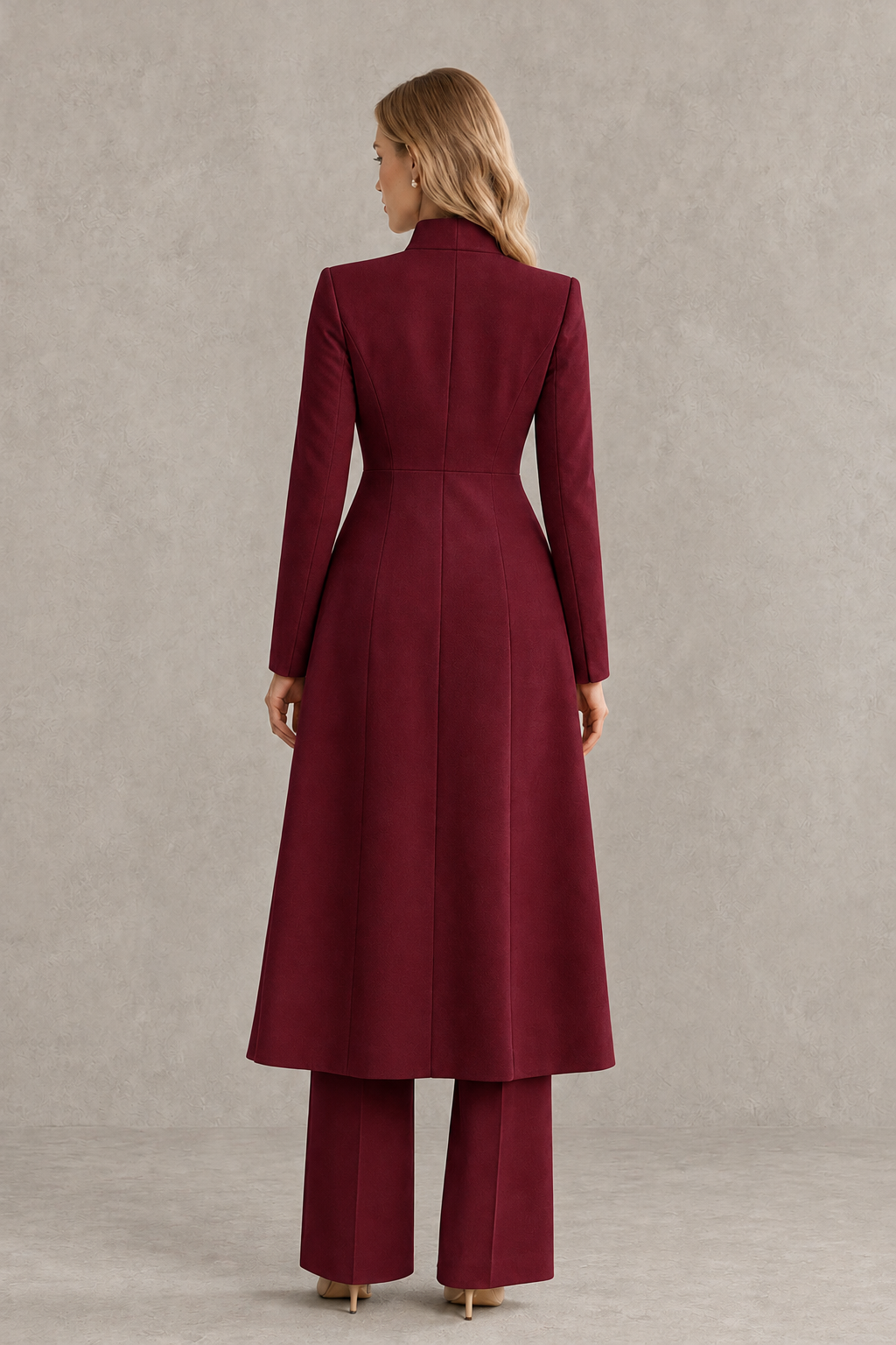 BOLODOO Burgundy Longline Jacket Wide-Leg Formal Pantsuit - Burgundy