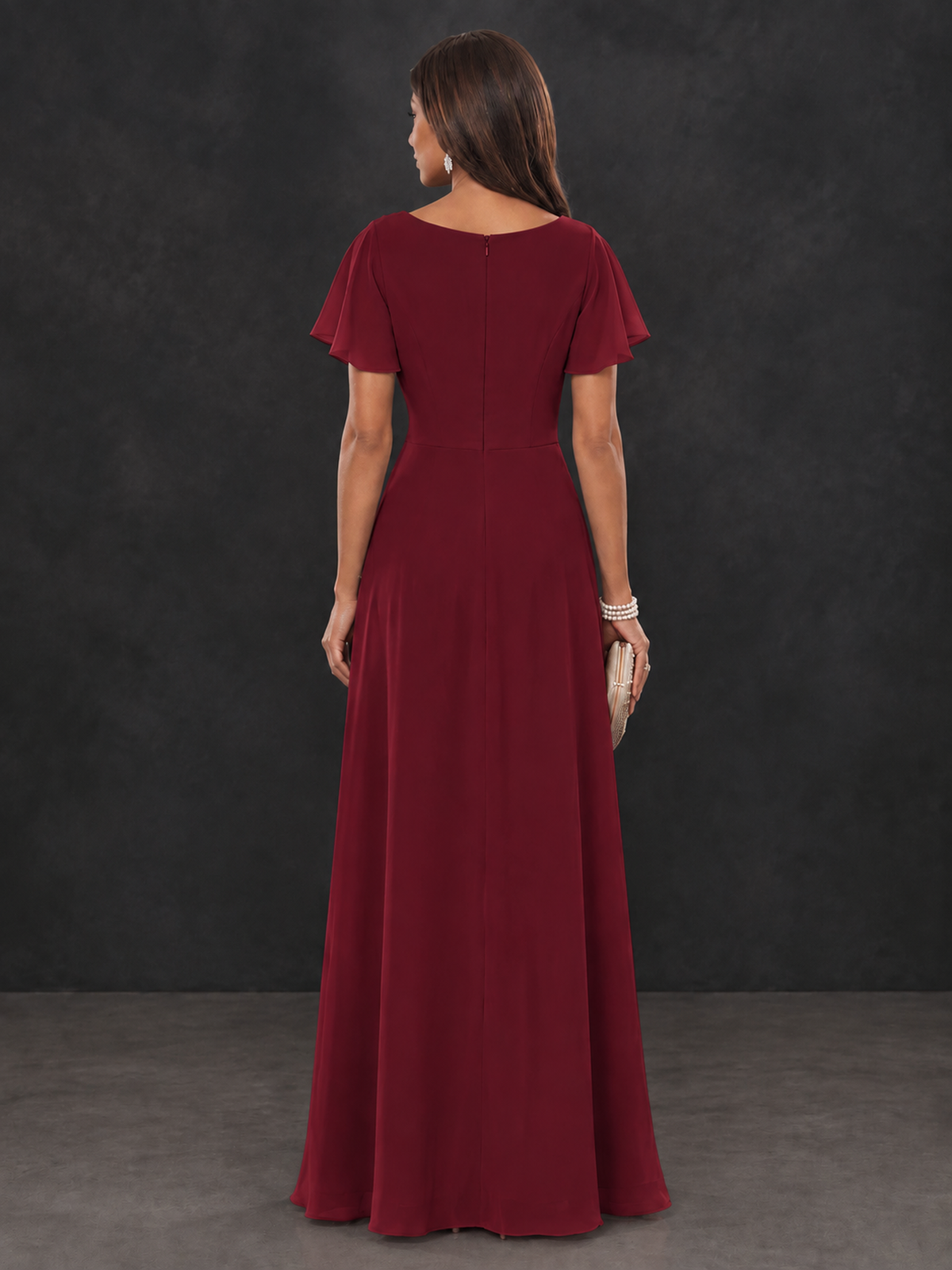 BOLODOO Burgundy Floral Flutter Sleeve Mother of the Bride Dress - Burgundy