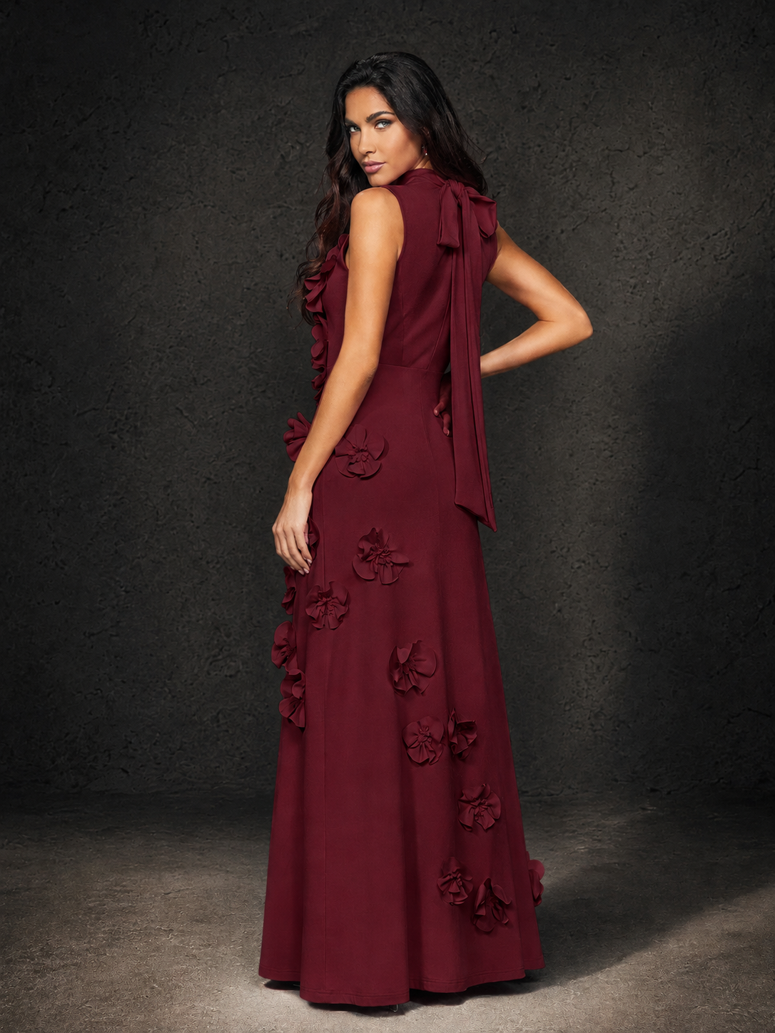 BOLODOO Burgundy Mock Neck Sleeveless 3D Floral Appliqué Maxi Dress with Bow Back - Burgundy