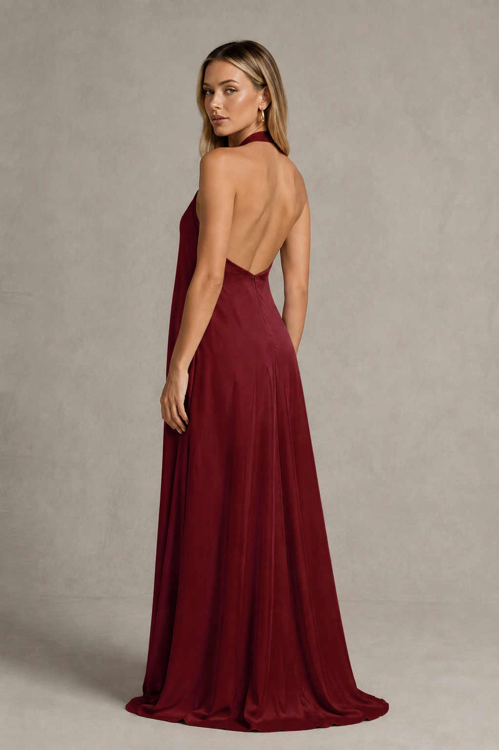 BOLODOO Burgundy Backless Halter Satin Bridesmaid Dress - Burgundy