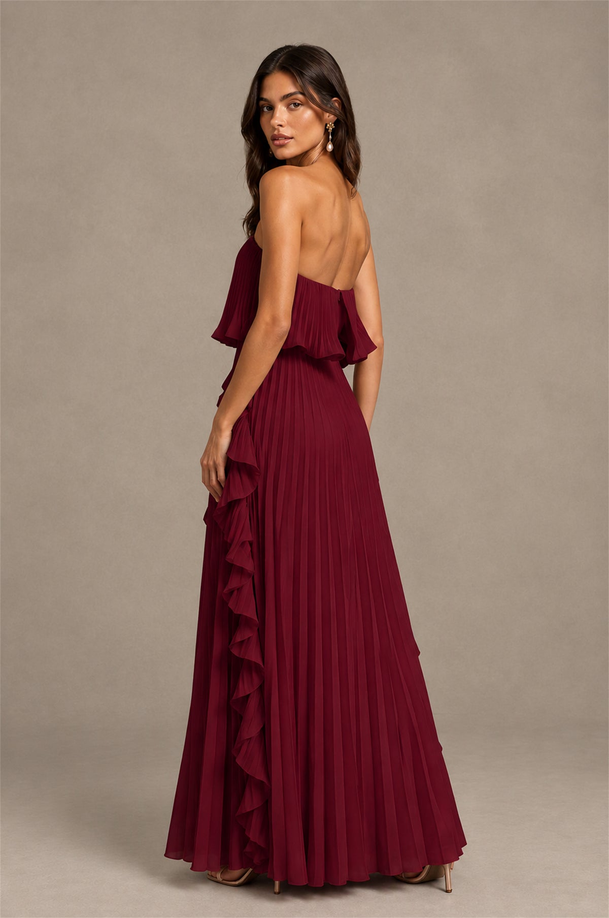 BOLODOO Burgundy Strapless Ruffle Bodice Dual Cascading Ruffle Accordion Pleated Chiffon Maxi Dress - Burgundy