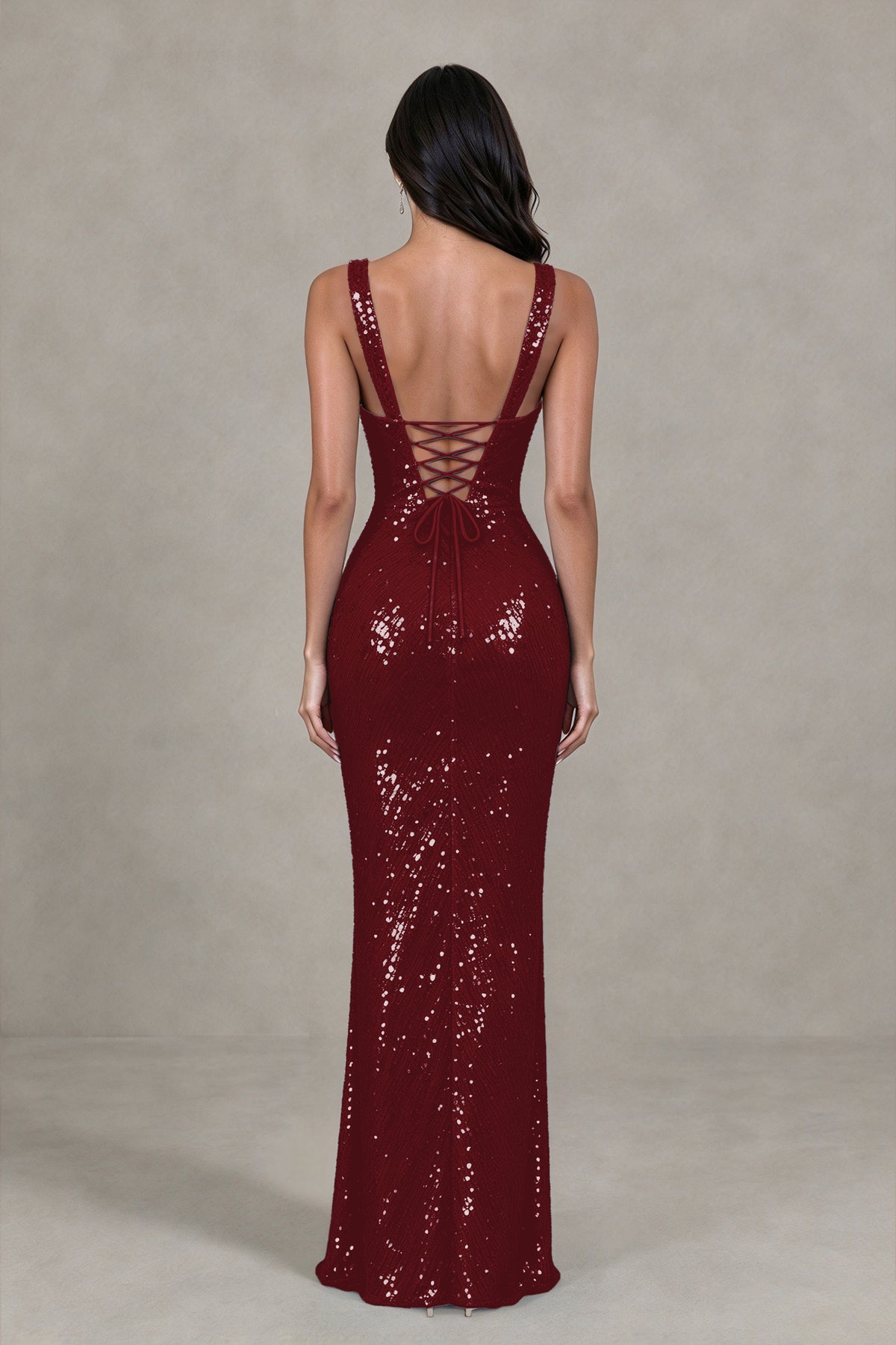 BOLODOO Burgundy Sequin Deep V-Neck Lace-Up Back High-Slit Evening Dress - Burgundy - Burgundy (2)