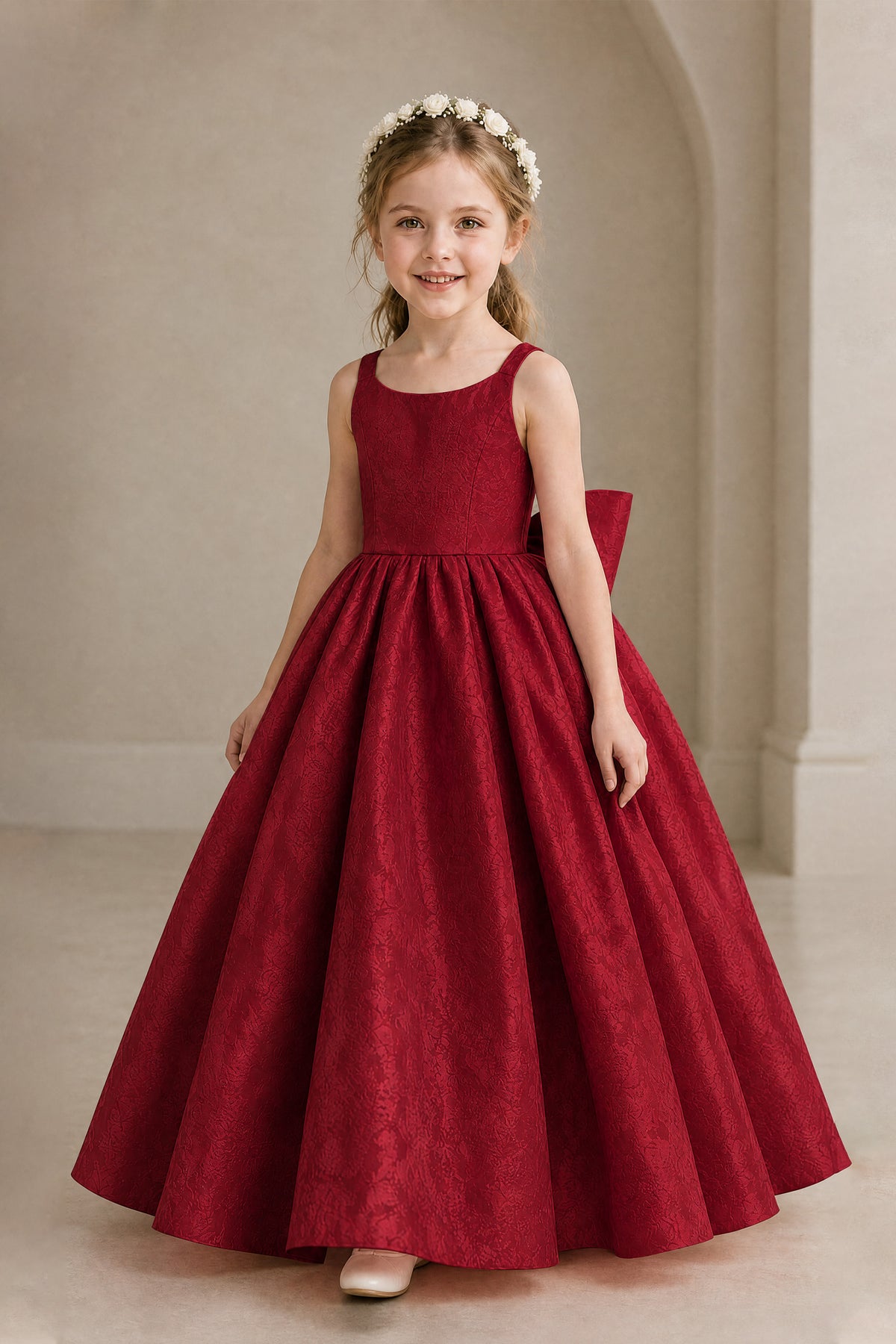 BOLODOO Burgundy Girls' A-Line Flower Girl Dress with Back Bow - Burgundy