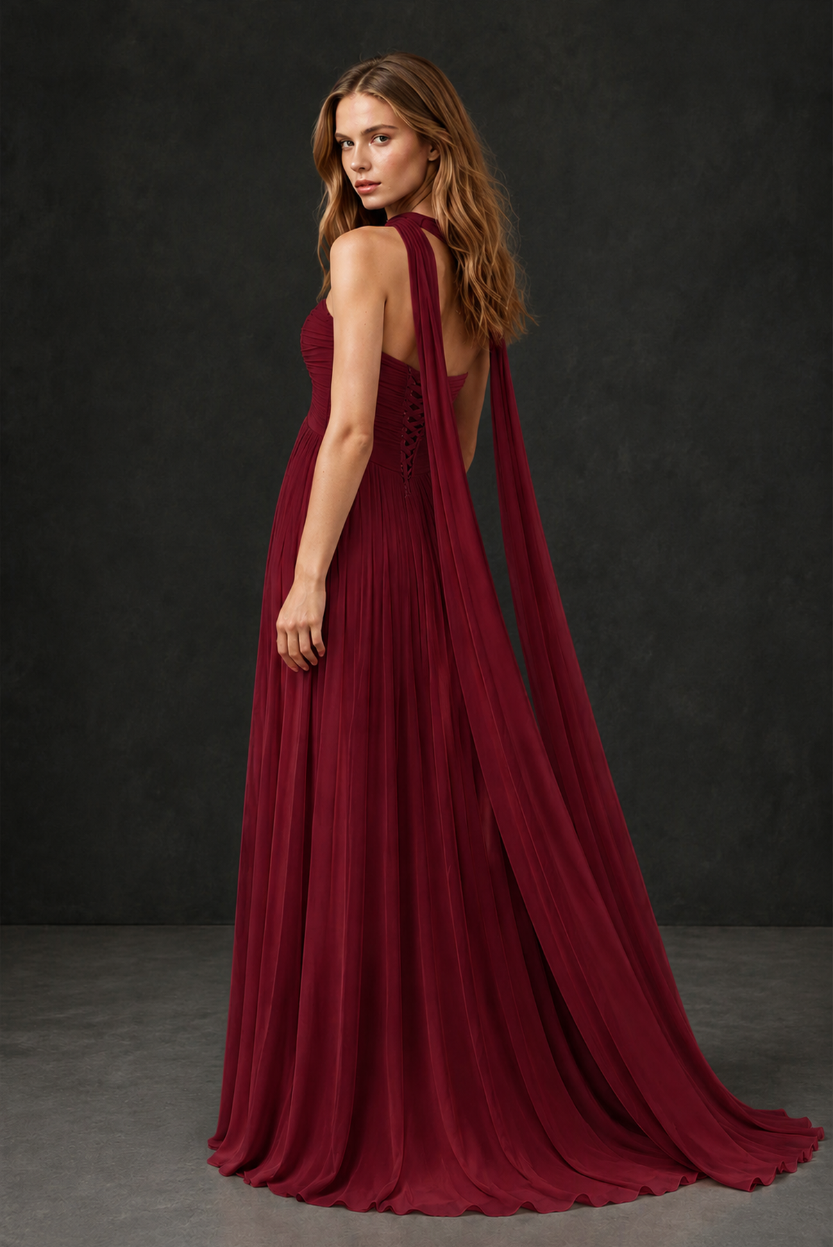 BOLODOO Burgundy Sweetheart Strapless Twist Knot Detached Halter Scarf Lace-Up Back Empire Waist Chiffon Maxi Dress - Burgundy
