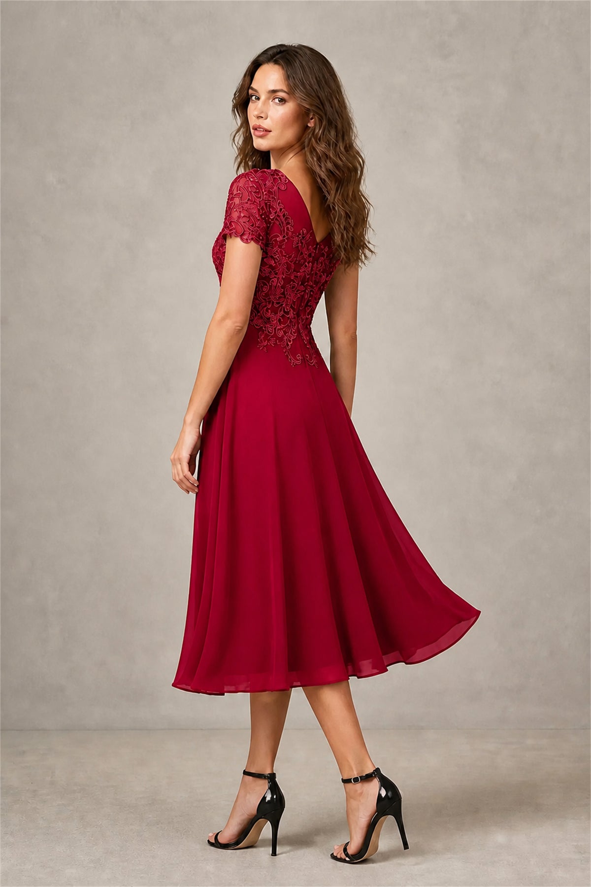 BOLODOO Steel Burgundy Beaded Lace Illusion Bodice Chiffon Tea-Length Dress | Mother of the Bride & Cocktail Party - Burgundy