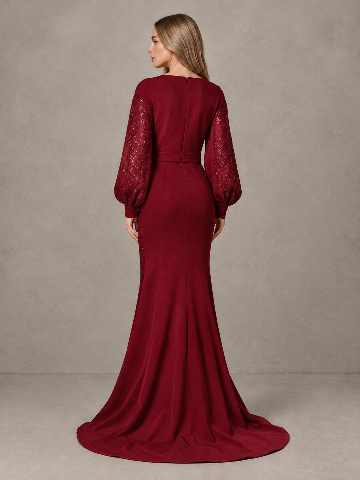 BOLODOO Burgundy Sequin Long Bishop Sleeve Mermaid Evening Dress - Burgundy - Burgundy (2)