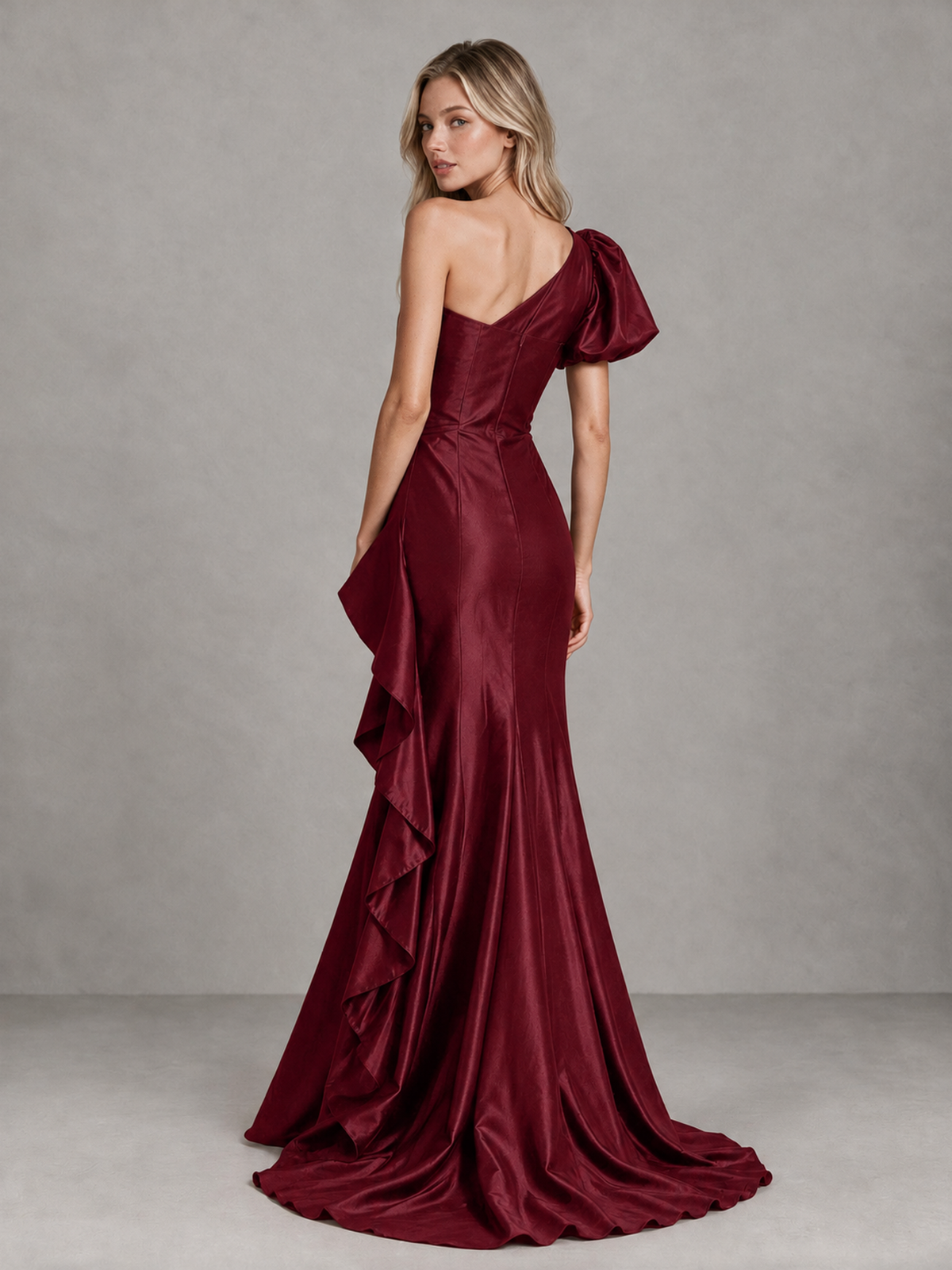 BOLODOO Burgundy One-Shoulder Satin-Look Mermaid Evening Dress with Ruffles - Burgundy - Burgundy (2)