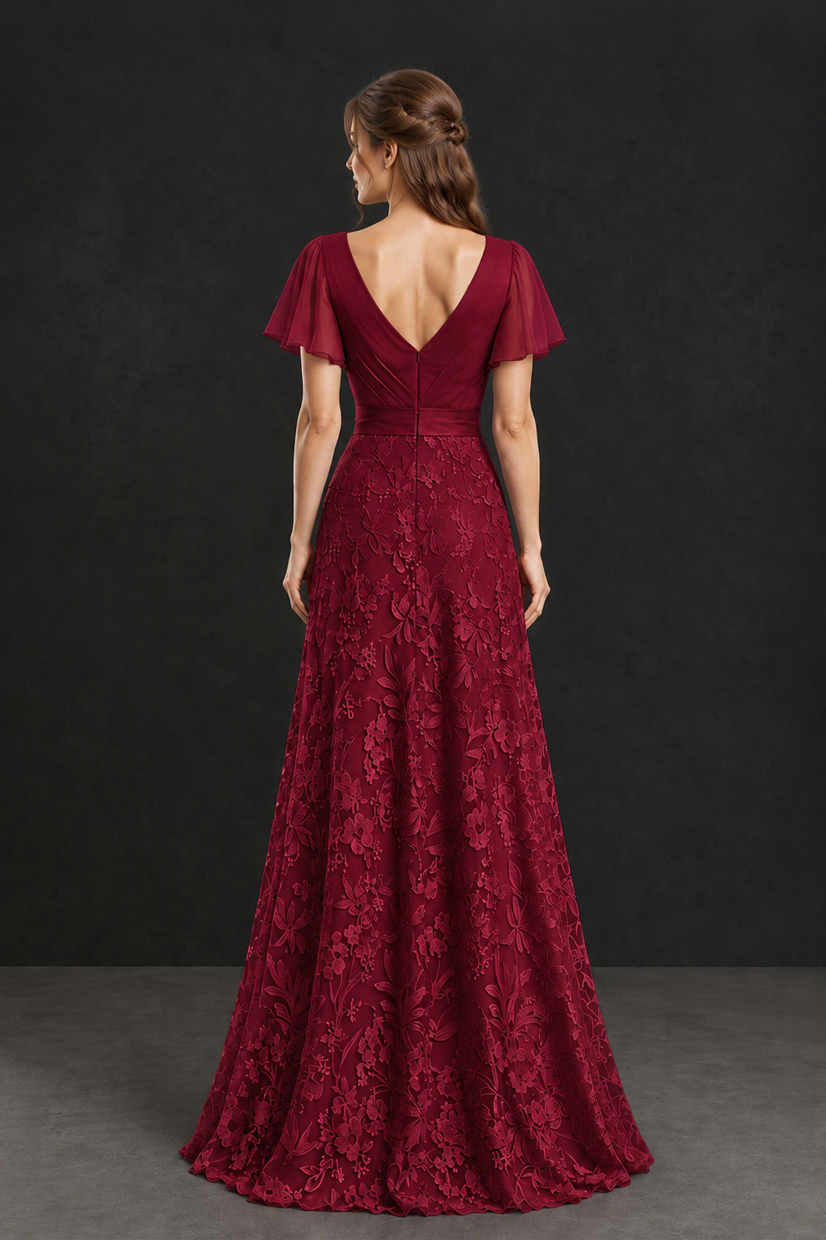 BOLODOO Burgundy Flutter Sleeve Lace Mother of the Bride Dress - Burgundy