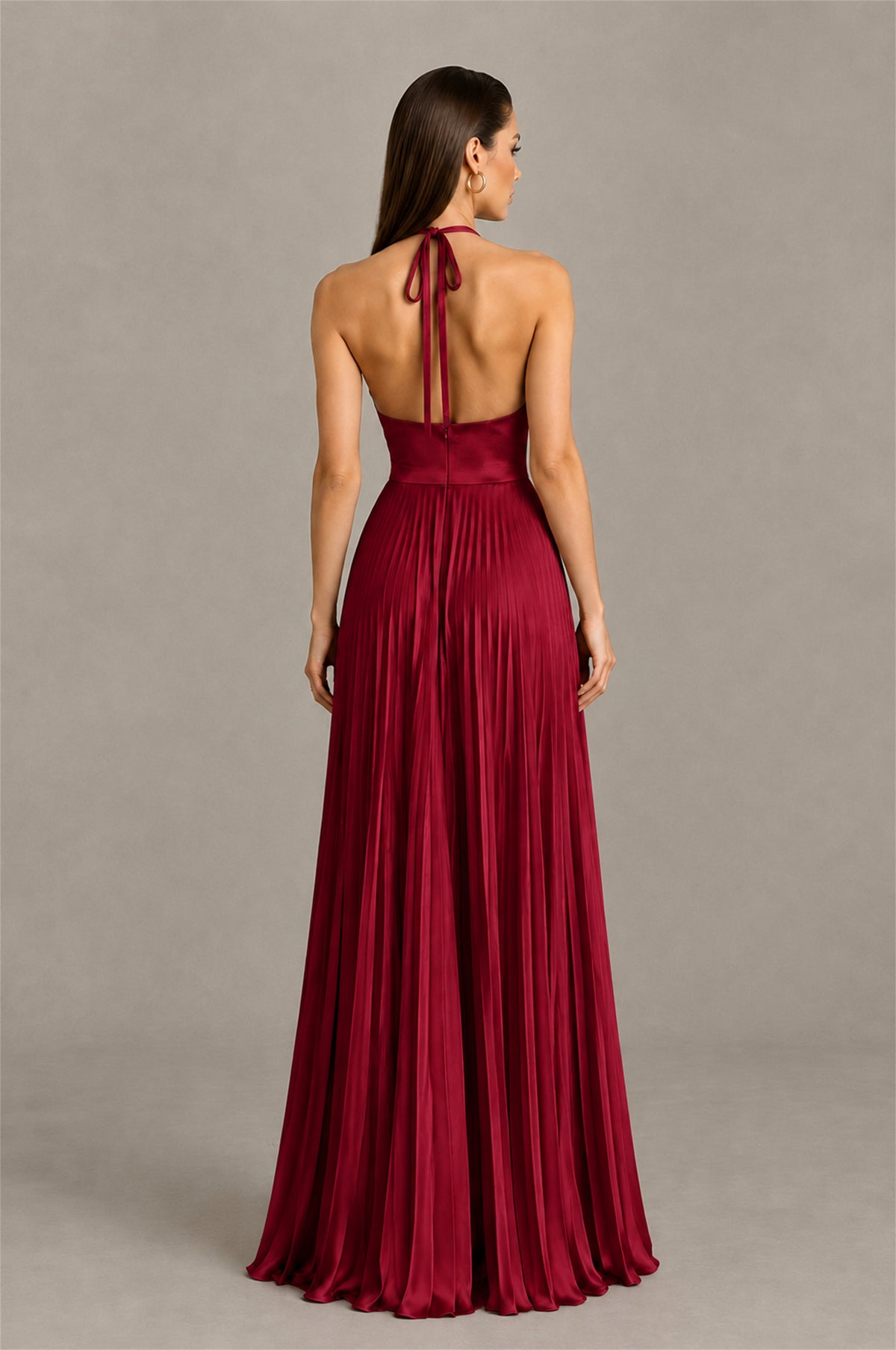 BOLODOO Burgundy Halter Pleated A-Line Evening Dress - Burgundy