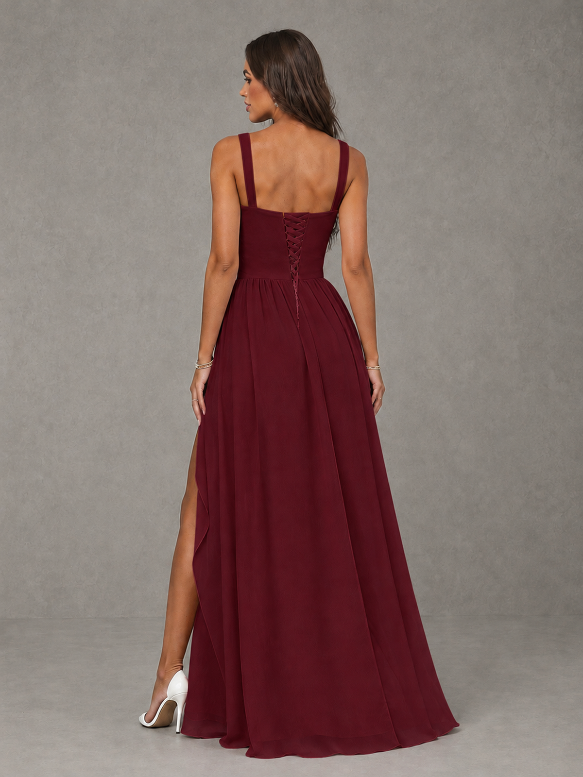 BOLODOO Burgundy A-Line Bridesmaid Dress with High Slit & Lace-Up Back - Burgundy - Burgundy (2)