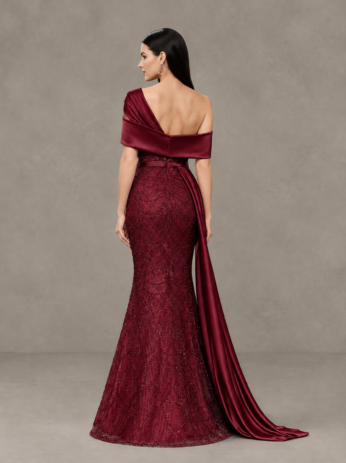 BOLODOO Burgundy Asymmetric Draped Mermaid Evening Gown with Train - Burgundy - Burgundy (2)