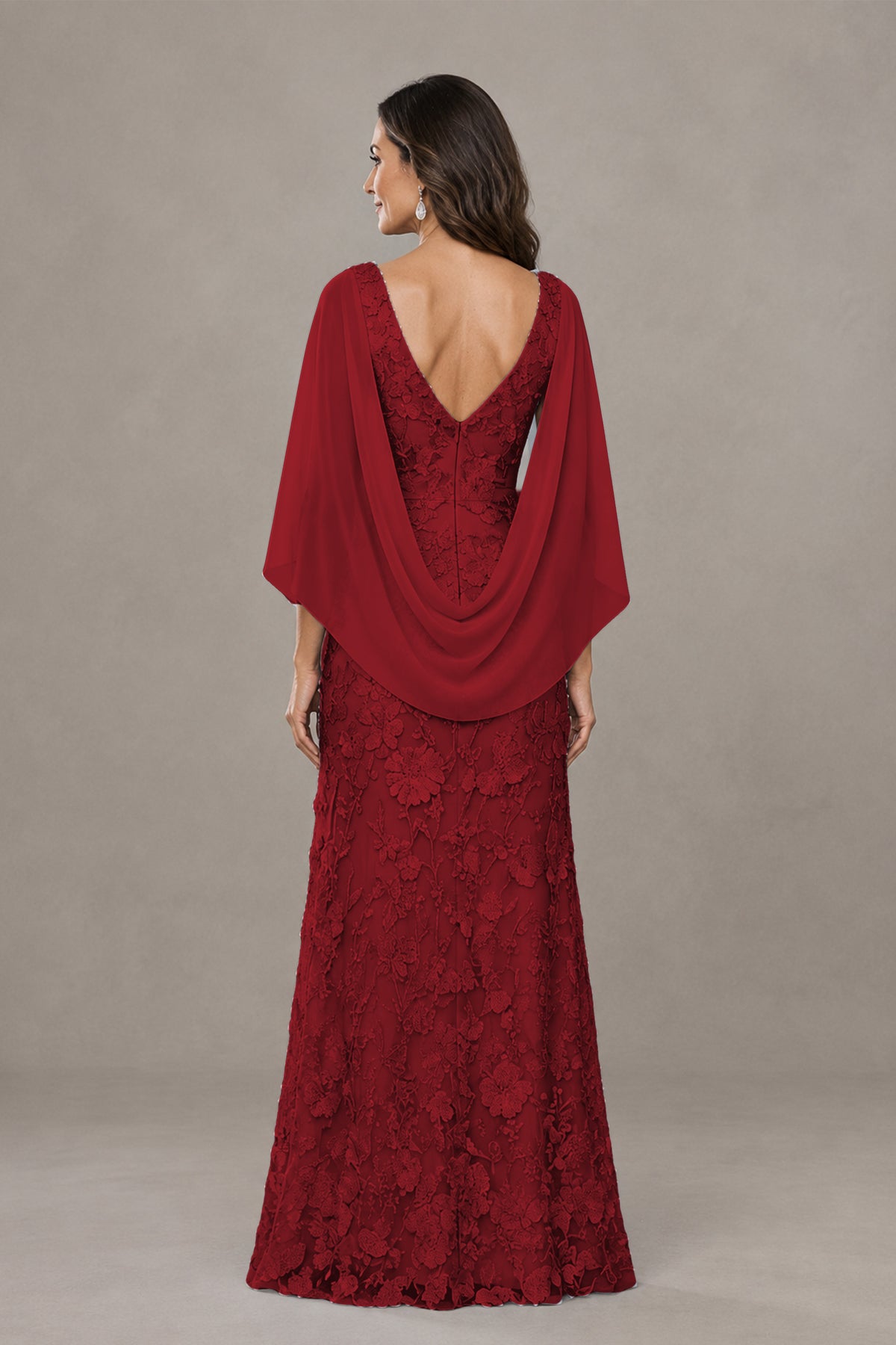 BOLODOO Burgundy Lace Mother of the Bride Dress with Cape Sleeves - Burgundy
