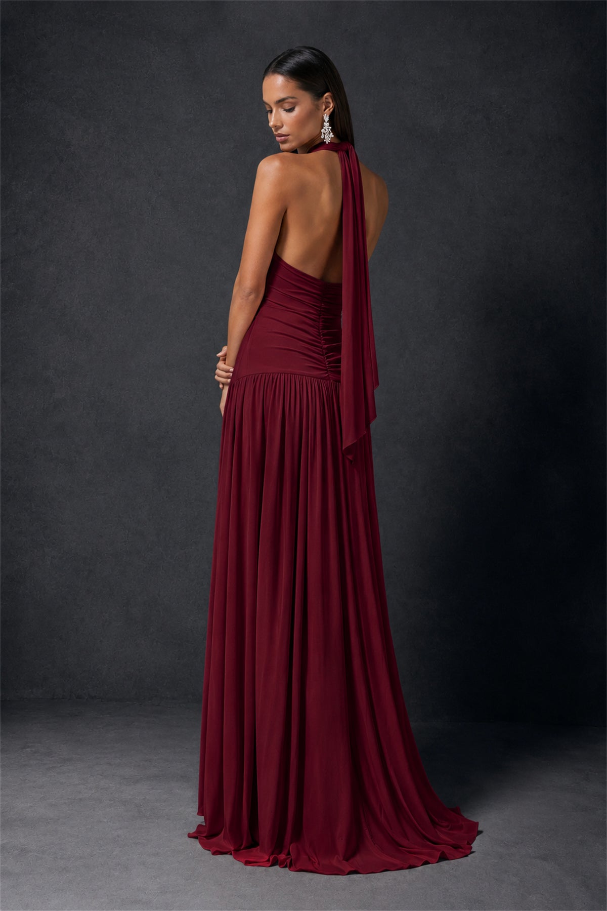 BOLODOO Burgundy Halter Deep V-Neck Ruched Chiffon Open Back Maxi Dress with Draped Neck Tie - Burgundy