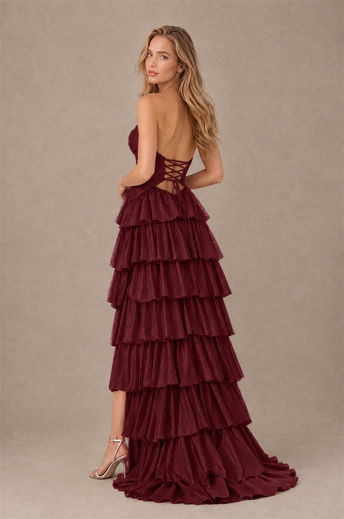 BOLODOO Burgundy Strapless Cutout Tiered Ruffle Prom Dress with High Slit - Burgundy - Burgundy (2)