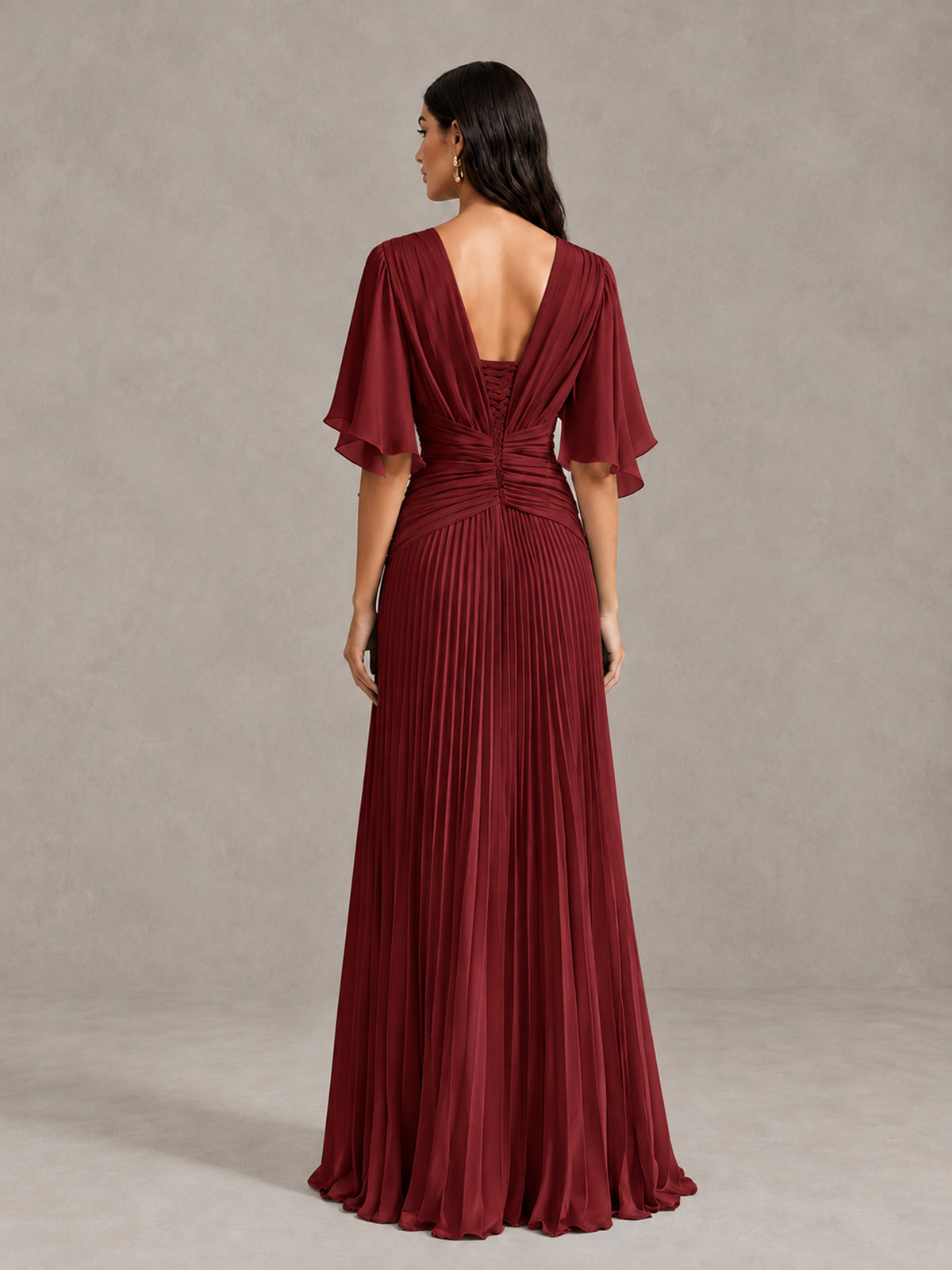 BOLODOO Burgundy Pleated V-Neck Flutter Sleeve Bridesmaid Dress - Burgundy - Burgundy (2)