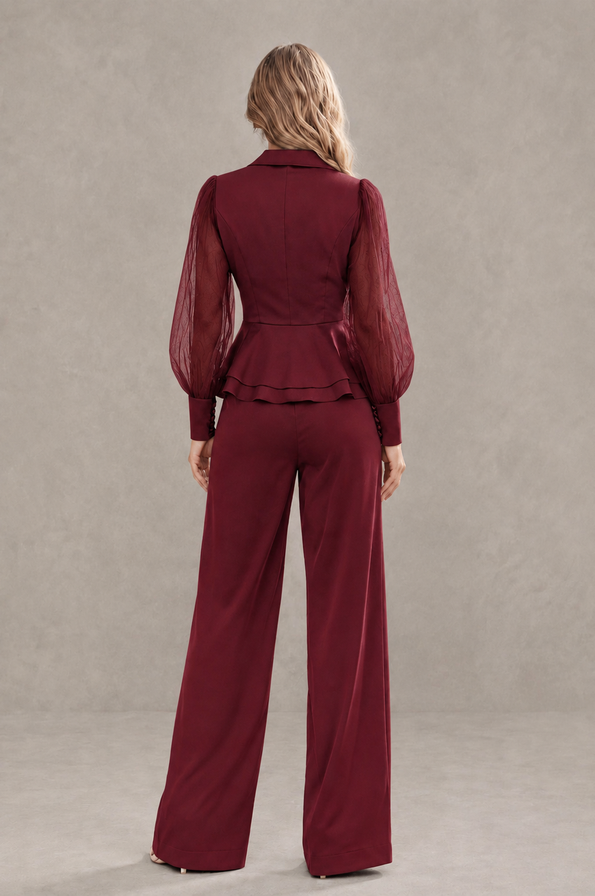 BOLODOO Mint Burgundy Peplum Blazer Wide-Leg Pantsuit with Sheer Puff Sleeves - Burgundy
