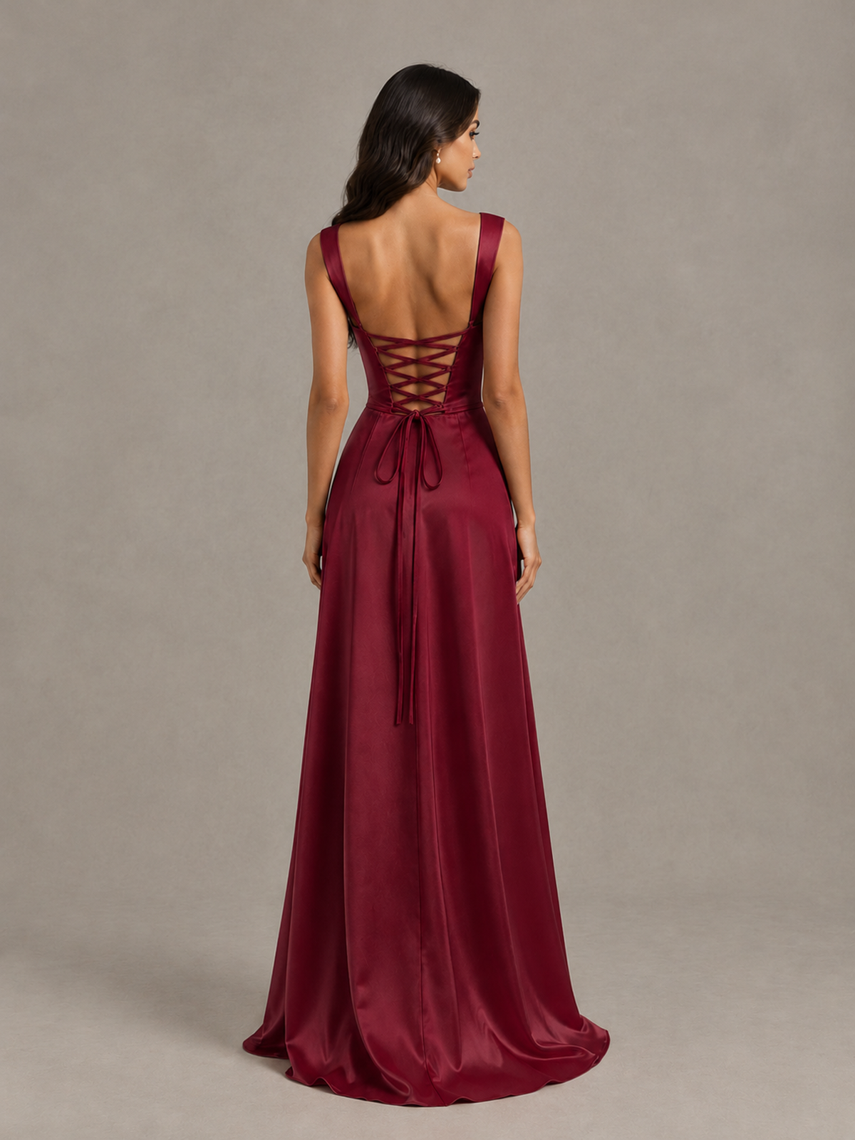 BOLODOO Burgundy Satin Lace-Up Bridesmaid Dress with Slit - Burgundy - Burgundy (2)