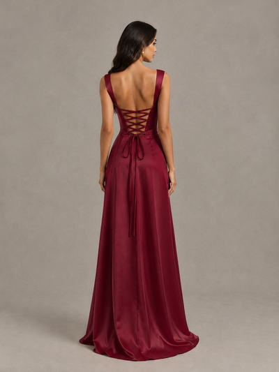 BOLODOO Burgundy Satin Lace-Up Bridesmaid Dress with Slit - Burgundy - Burgundy (2)