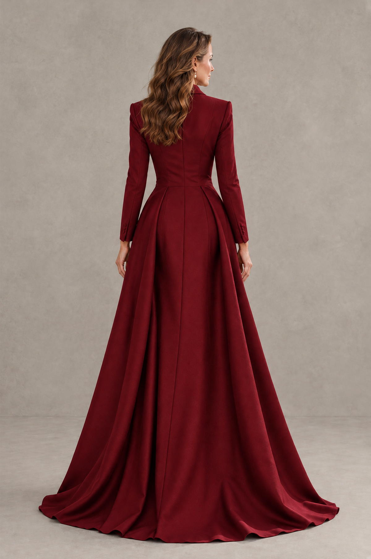 BOLODOO Burgundy Long Sleeve Lace Blazer Gown with High Slit - Burgundy - Burgundy (2)