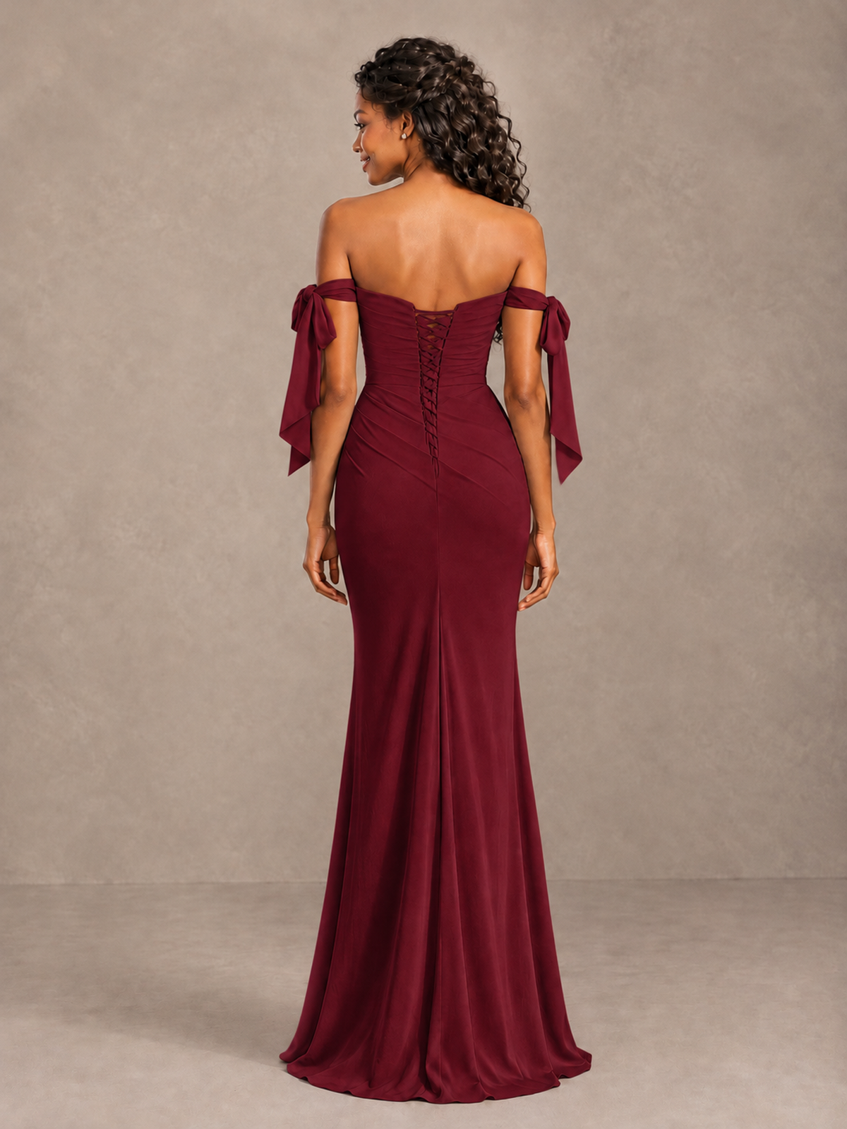 Burgundy Off-Shoulder Bow Bridesmaid Dress with Slit - Burgundy - Burgundy (2)