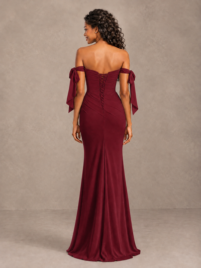 Burgundy Off-Shoulder Bow Bridesmaid Dress with Slit - Burgundy - Burgundy (2)