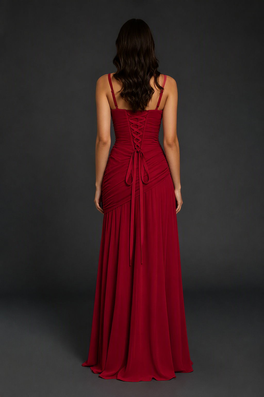 BOLODOO Burgundy Spaghetti Strap Ruched Maxi Dress – Formal Evening Gown with Slit - Burgundy